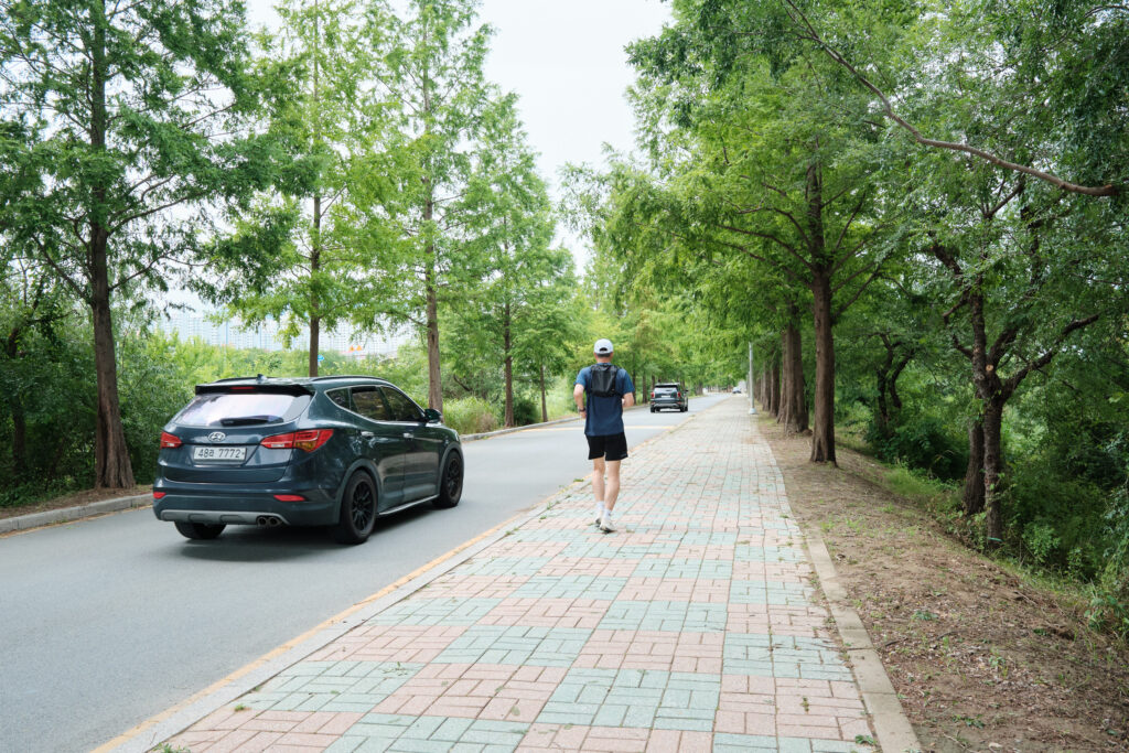 緑の並木道をランニングする韓国人